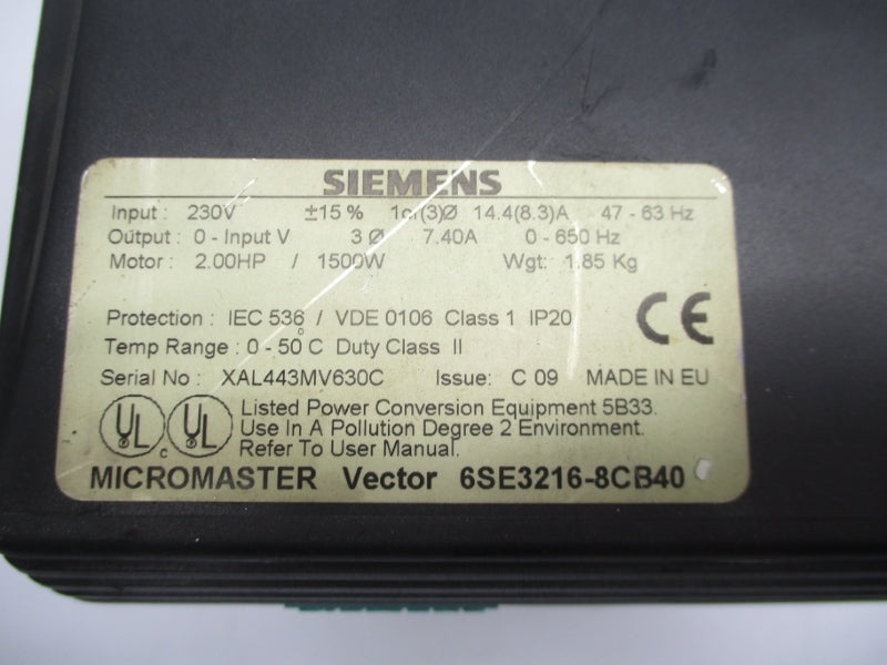 SIEMENS 6SE3216-8CB40 230V 14.4A (AS PICTURED) UNMP