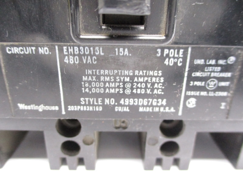 WESTINGHOUSE EHB3015L 4993D67G34 480VAC 15A UNMP