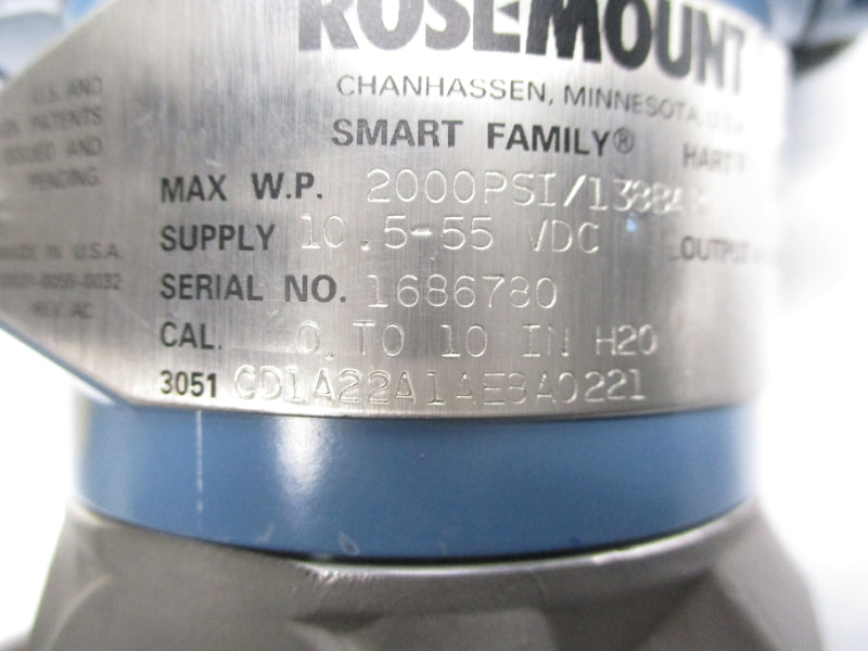 ROSEMOUNT 3051CD1A22A1AE8A0221 10.5-55VDC 2000PSI 3/4" UNMP