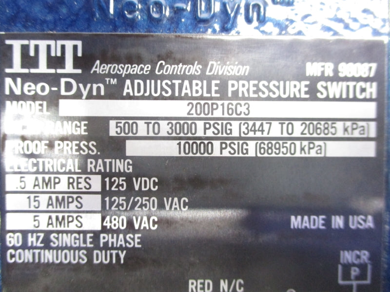 ITT 200P16C3 480VAC 15A 500-3000PSI NSMP
