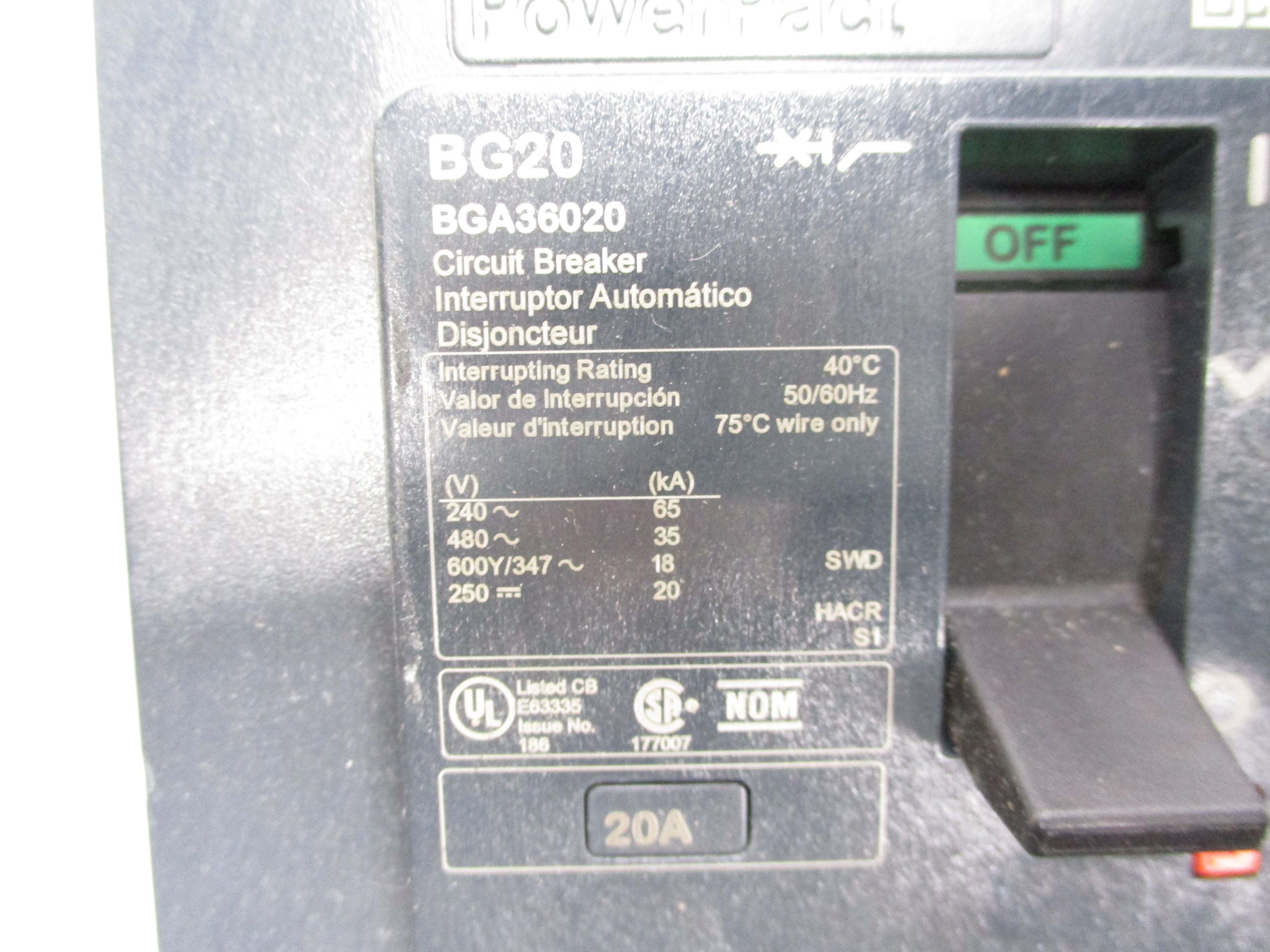 SQUARE D BGA36020 480V 20A (AS PICTURED) NSNP