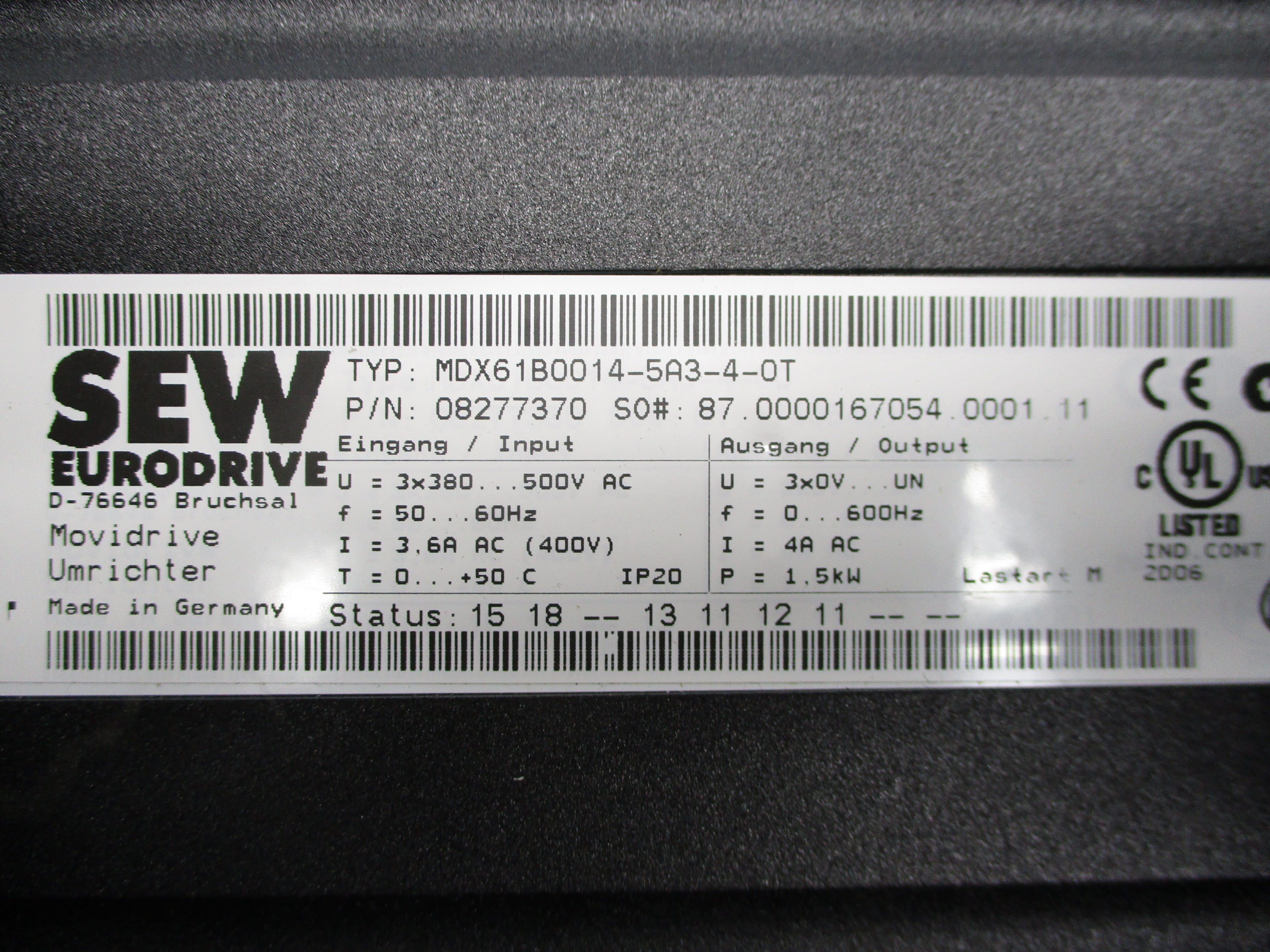 SEW EURODRIVE MDX61B0014-5A3-4-OT 500VAC 3.6A NSNP