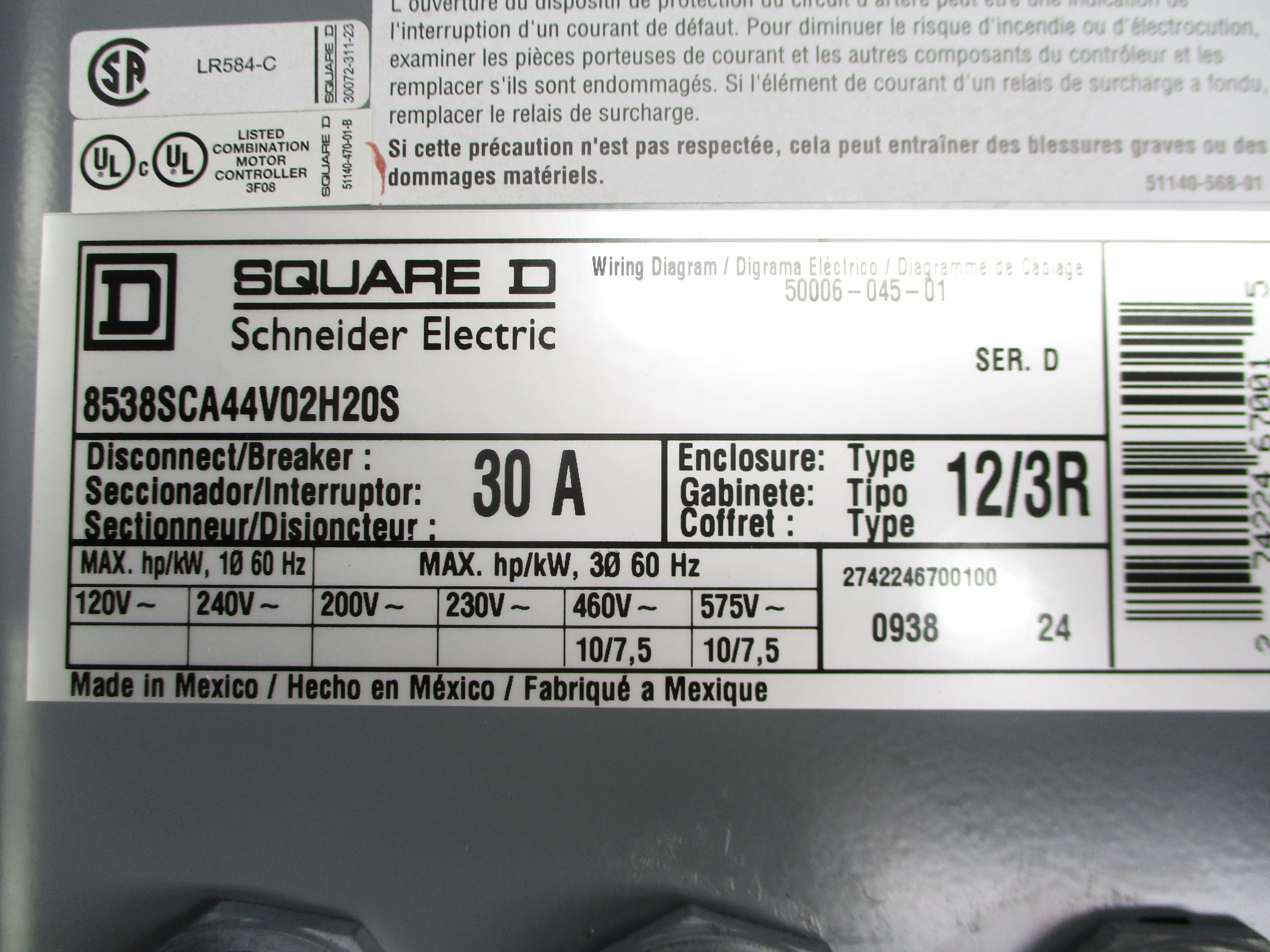 SQUARE D 8538SCA44V02H20S SER. D 575V 30A NSMP