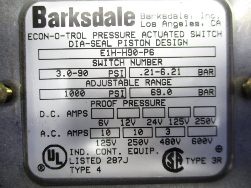 BARKSDALE E1H-H90-P6 600V 10A 3-90PSI NSNP