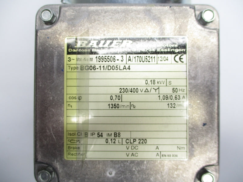 BAUER 1995506-3 BG06-11/D05LA4 230/400V 1.09/0.63A NSNP