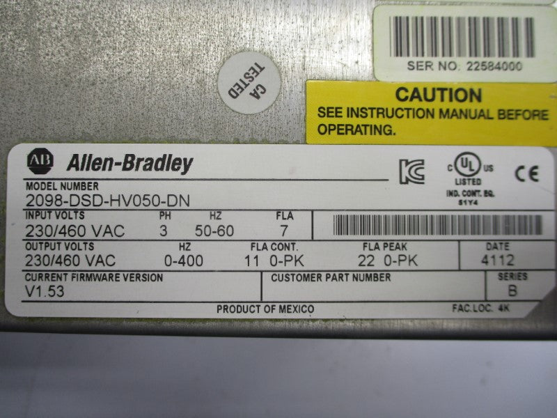 ALLEN BRADLEY 2098-DSD-HV050-DN SER. B 230/460VAC F/W 1.53 UNMP