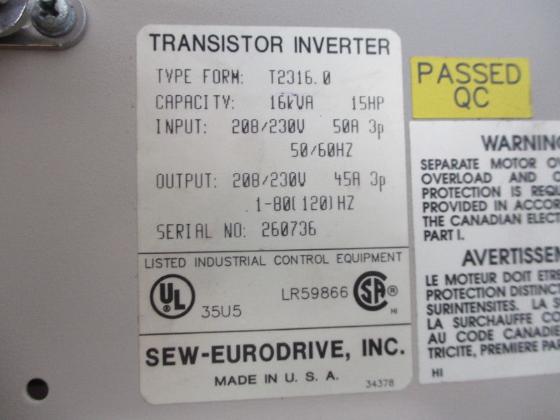 SEW EURODRIVE T2316.0 208/230V 50A NSNP
