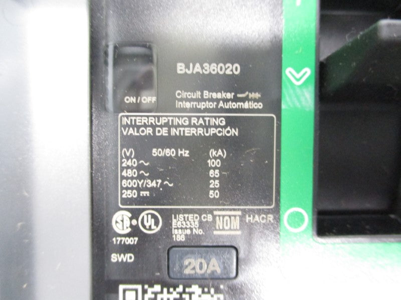 SQUARE D BJA36020 480V 20A (GREEN) NSMP