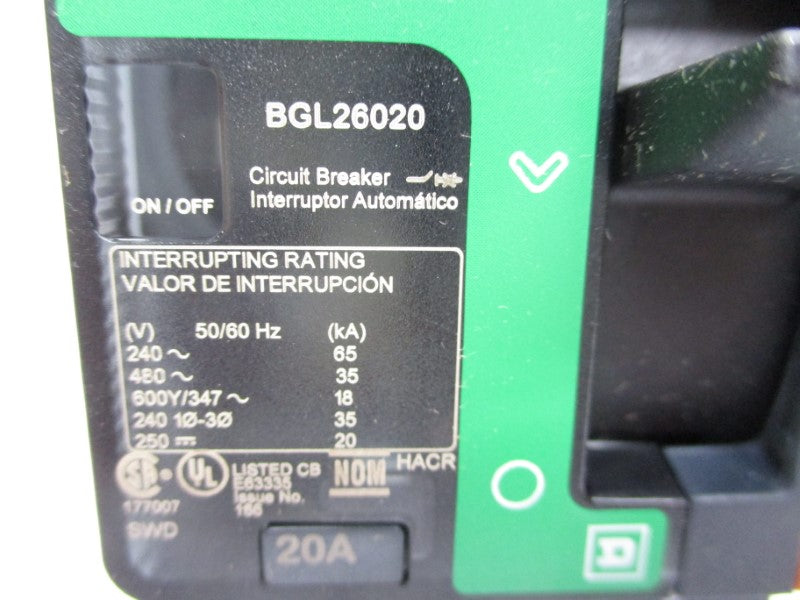 SQUARE D BGL26020 480V 20A (GREEN) (AS PICTURED) NSMP