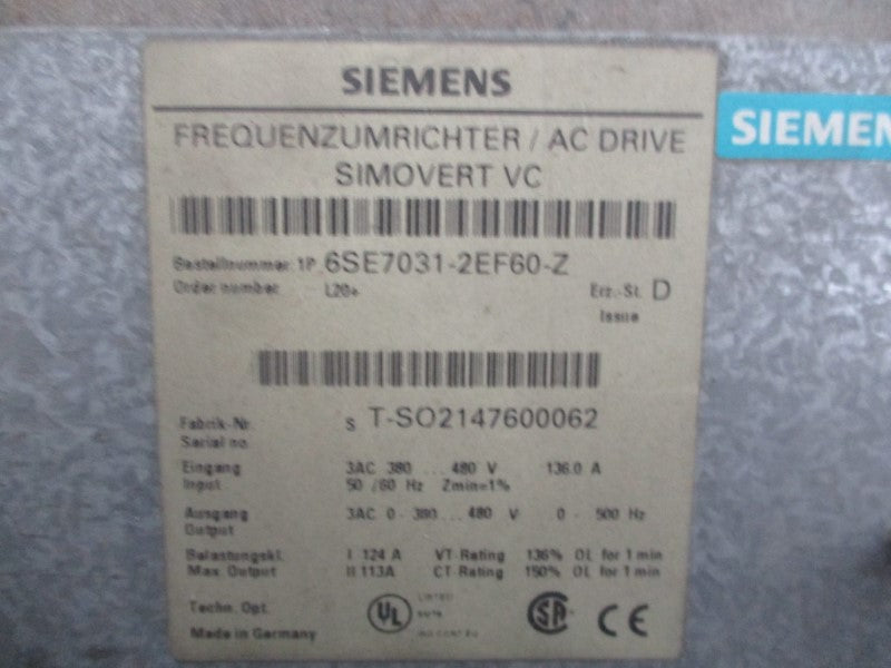 SIEMENS 6SE7031-2EF60-Z 480V 136A UNMP