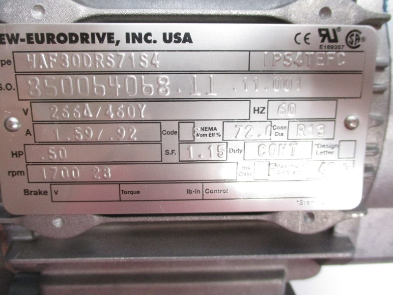 SEW EURODRIVE WAF30DRS71S4 266/460V 1.59/.92A NSMP