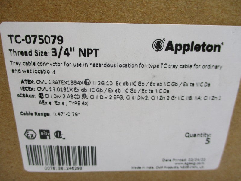 APPLETON TC-075079 3/4" (PKG OF 5) NSMP