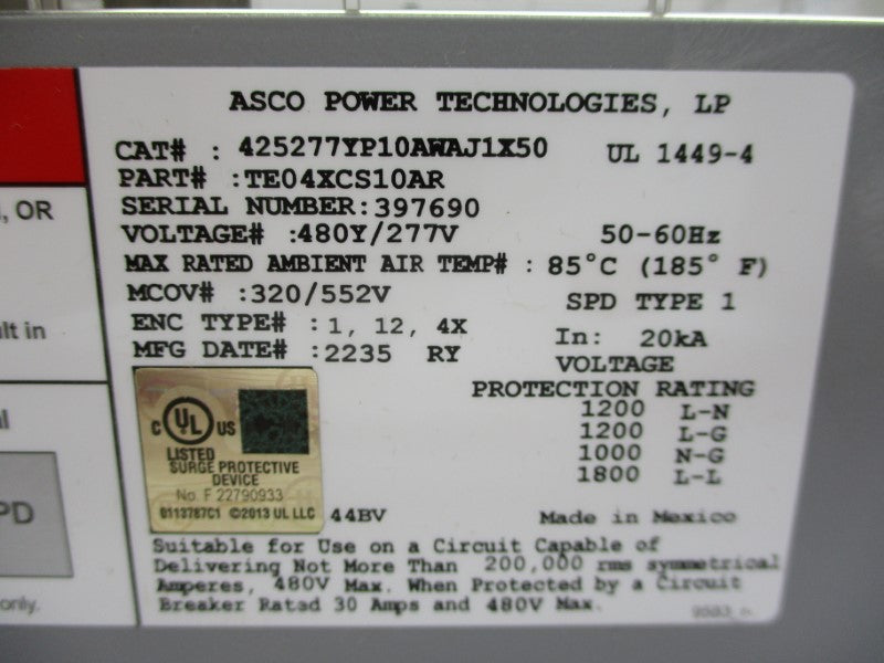 ASCO TE04XCS10AR 425277YP10AWAJ1X50 277V NSMP