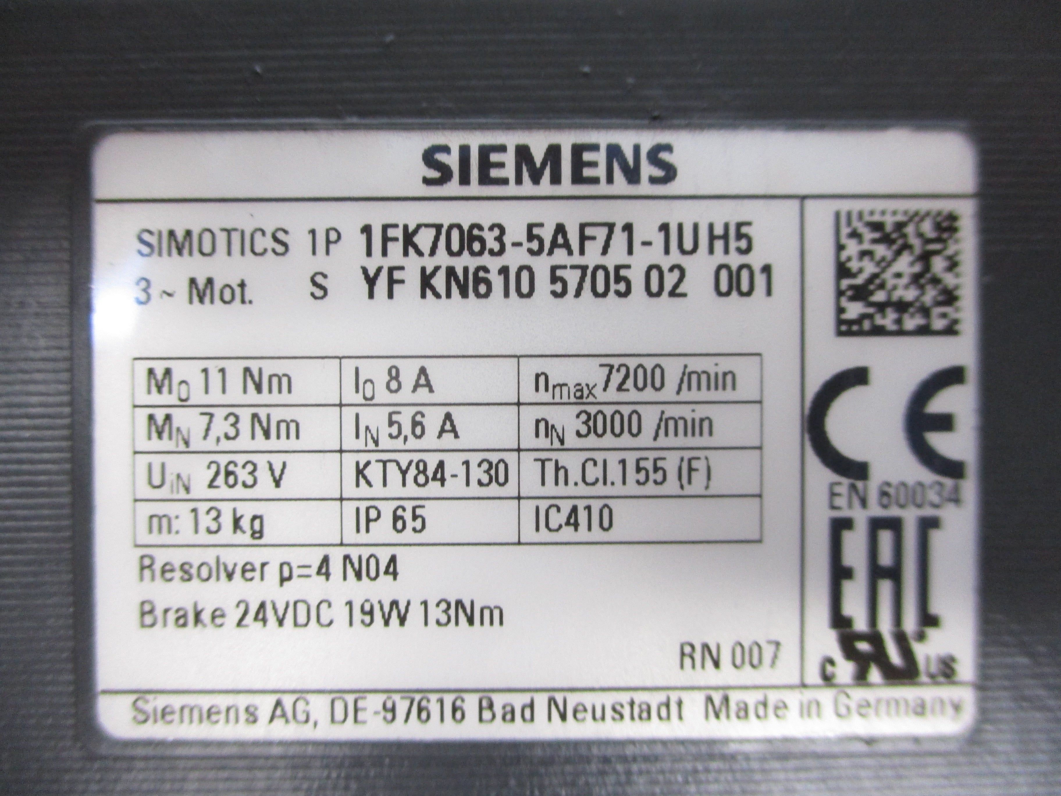 SIEMENS 1FK7063-5AF71-1UH5 263V 8A NSMP