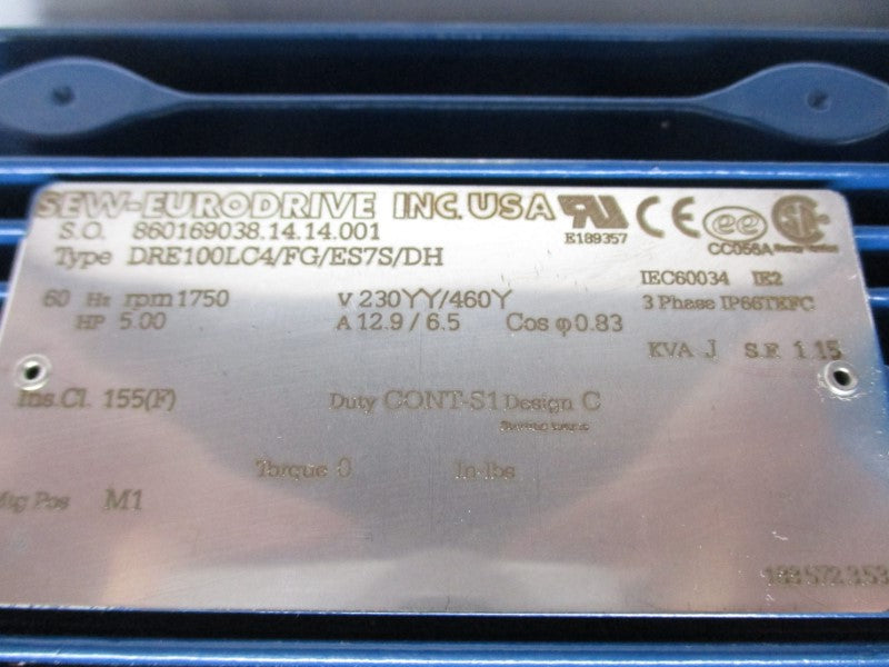 SEW EURODRIVE DRE100LC4/FG/ES7S/DH 230/460V 12.9/6.5A NSMP