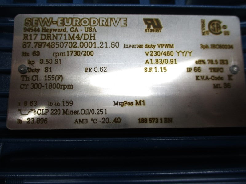 SEW EURODRIVE R17DRN71M4/DH 230/460V 1.83/0.91A NSMP