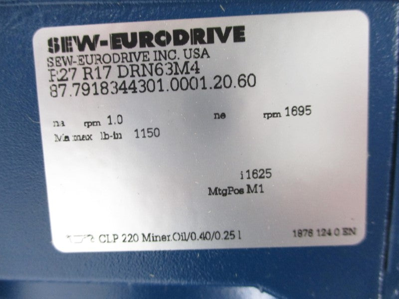 SEW EURODRIVE R27R17DRN63M4 230/460V 1.04/0.52A NSMP