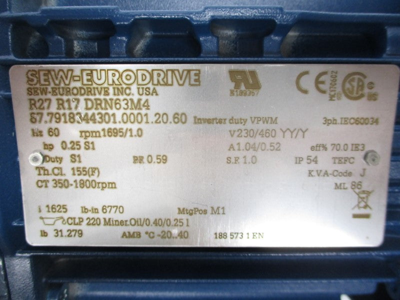 SEW EURODRIVE R27R17DRN63M4 230/460V 1.04/0.52A NSMP