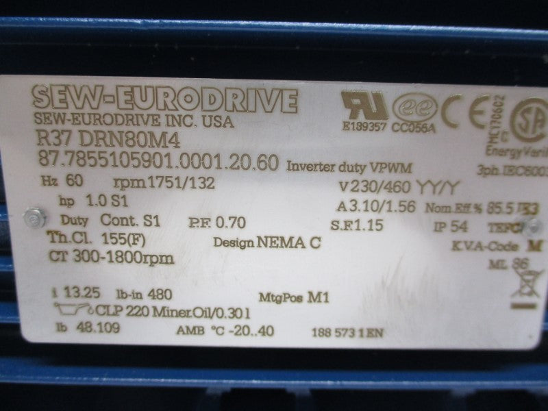 SEW EURODRIVE R37DRN80M4 230/460V 3.10/1.56A NSMP