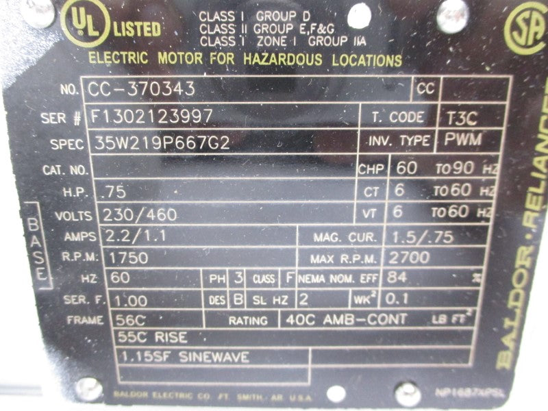 BALDOR 35W219P667G2 230/460V 2.2/1.1A NSNP