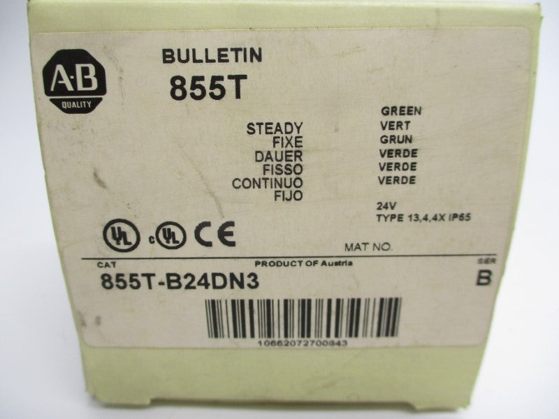ALLEN BRADLEY 855T-B24DN3 SER. B 24VAC/DC 0.271A (NO BULB) (WH) NSMP