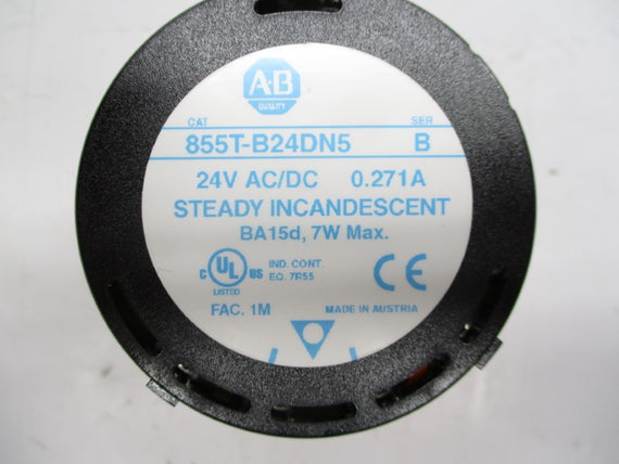 ALLEN BRADLEY 855T-B24DN5 SER. B 24VAC/DC 0.271A (NO BULB) (WH) NSMP
