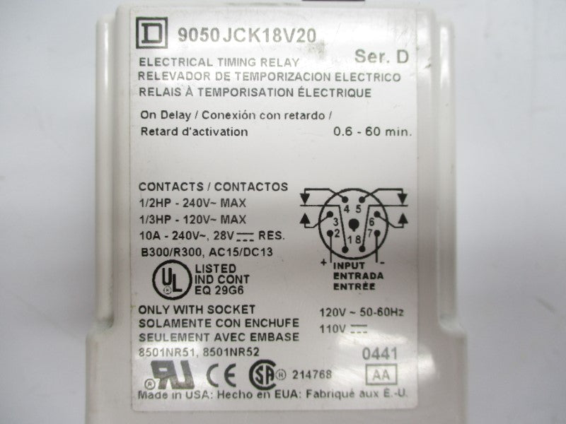 SQUARE D 9050JCK18V20 SER. D 240V 10A 0.6-60M NSNP