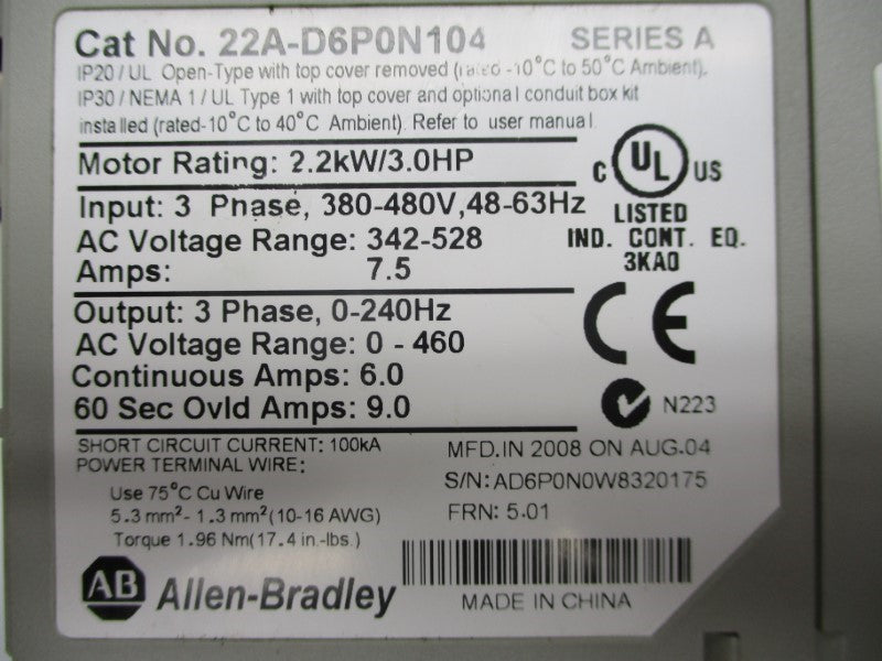 ALLEN BRADLEY 22A-D6P0N104 SER. A F/W 5.01 342-528VAC 7.5A (NO COVER) UNMP