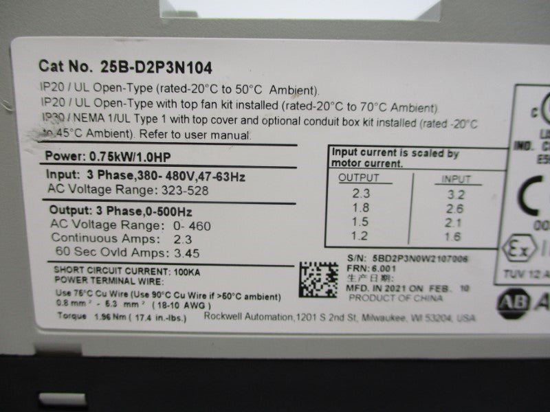 ALLEN BRADLEY 25B-D2P3N104 SER. A F/W 6.001 323-528VAC 3.2A NSNP