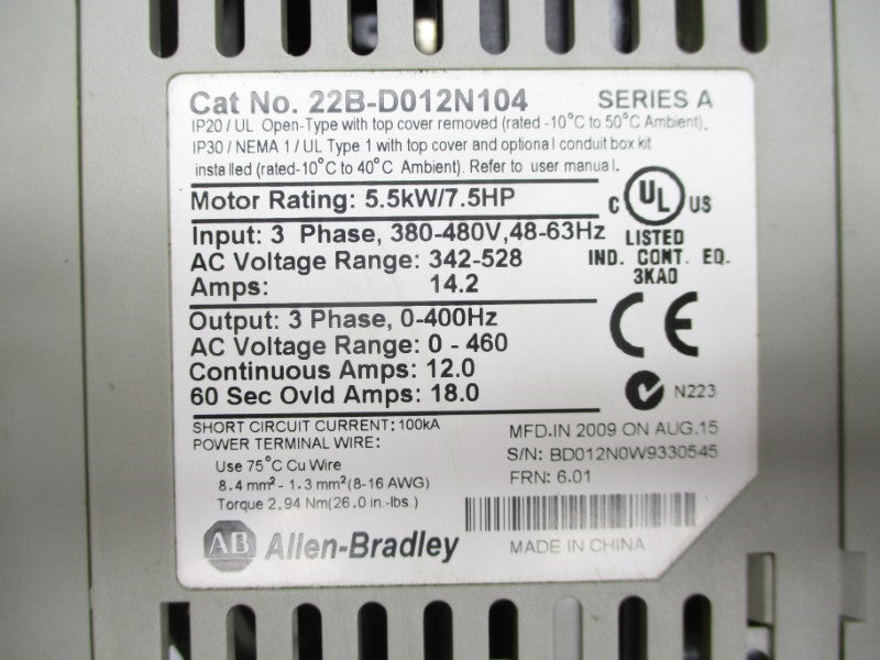 ALLEN BRADLEY 22B-D012N104 SER. A F/W 6.01 342-528VAC 14.2A UNMP