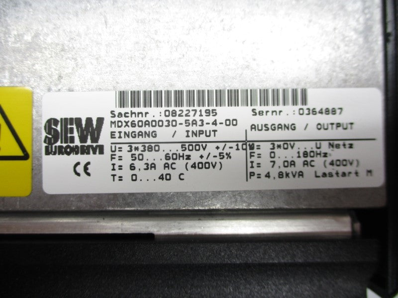 SEW EURODRIVE MDX61B0030-5A3-4-0T 380-500V 6.3A (AS PICTURED) UNMP