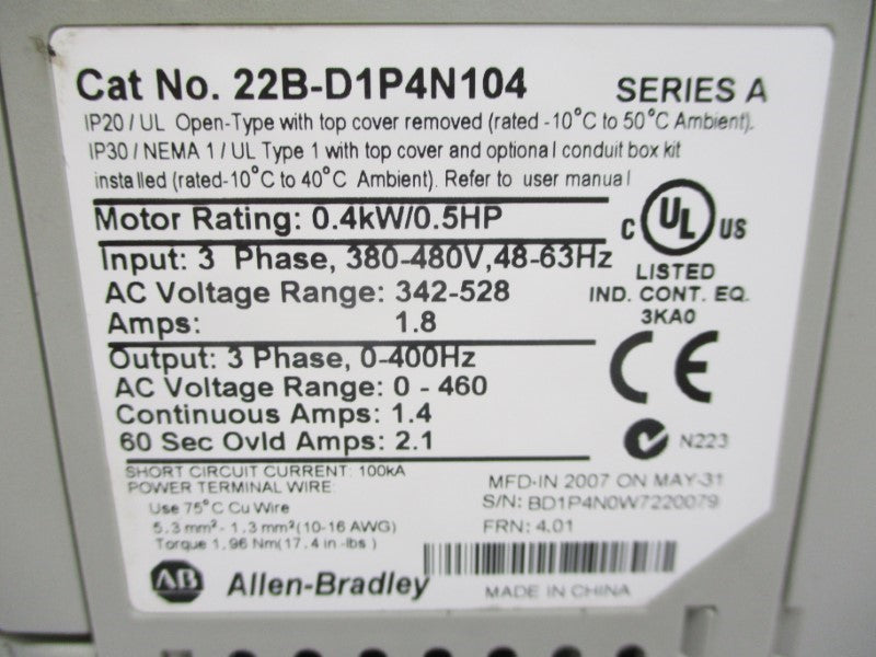 ALLEN BRADLEY 22B-D1P4N104 SER. A F/W 4.01 342-528V 1.8A NSNP