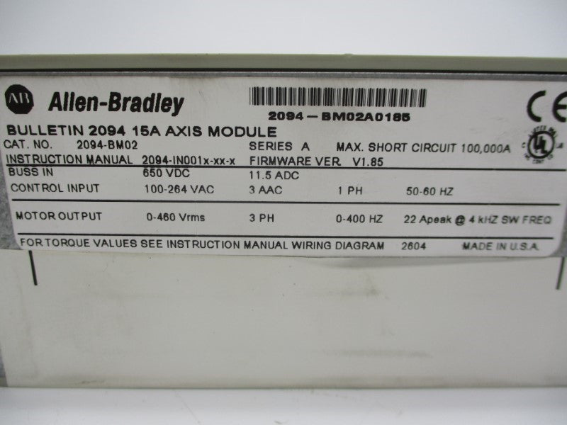 ALLEN BRADLEY 2094-BM02 SER. A F/W 1.85 650VDC 15A REMAN