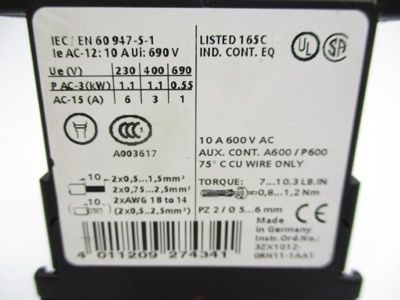 SIEMENS 3RH1140-1BB40 600VAC 10A NSNP