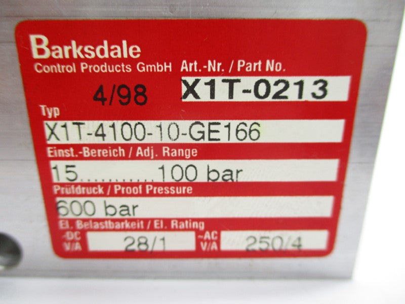 BARKSDALE X1T-0213 X1T-4100-10-GE166 250VAC 4A 1/2" NSMP
