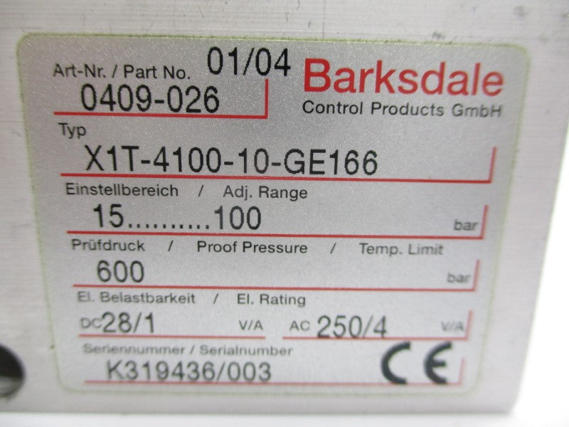 BARKSDALE 0409-026 X1T-4100-10-GE166 250VAC 4A 1/2" NSMP