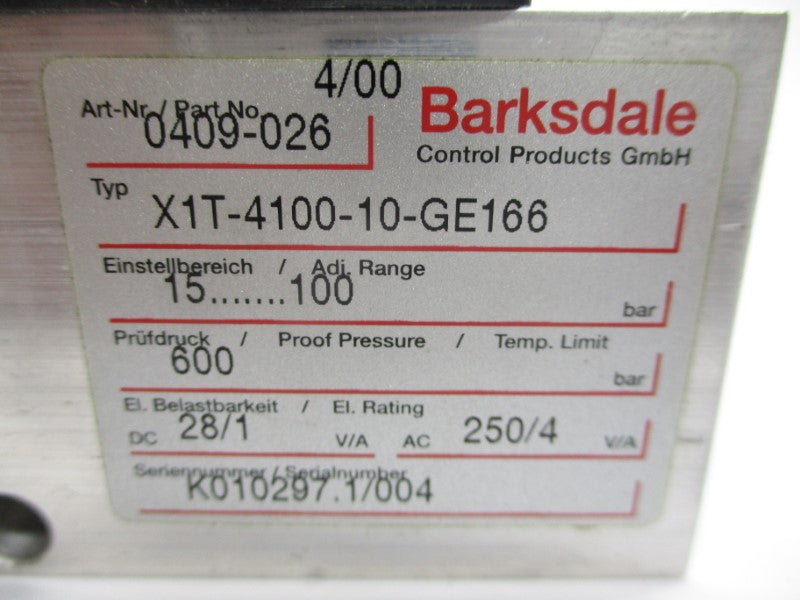 BARKSDALE 0409-026 X1T-4100-10-GE166 250VAC 4A 1/2" UNMP