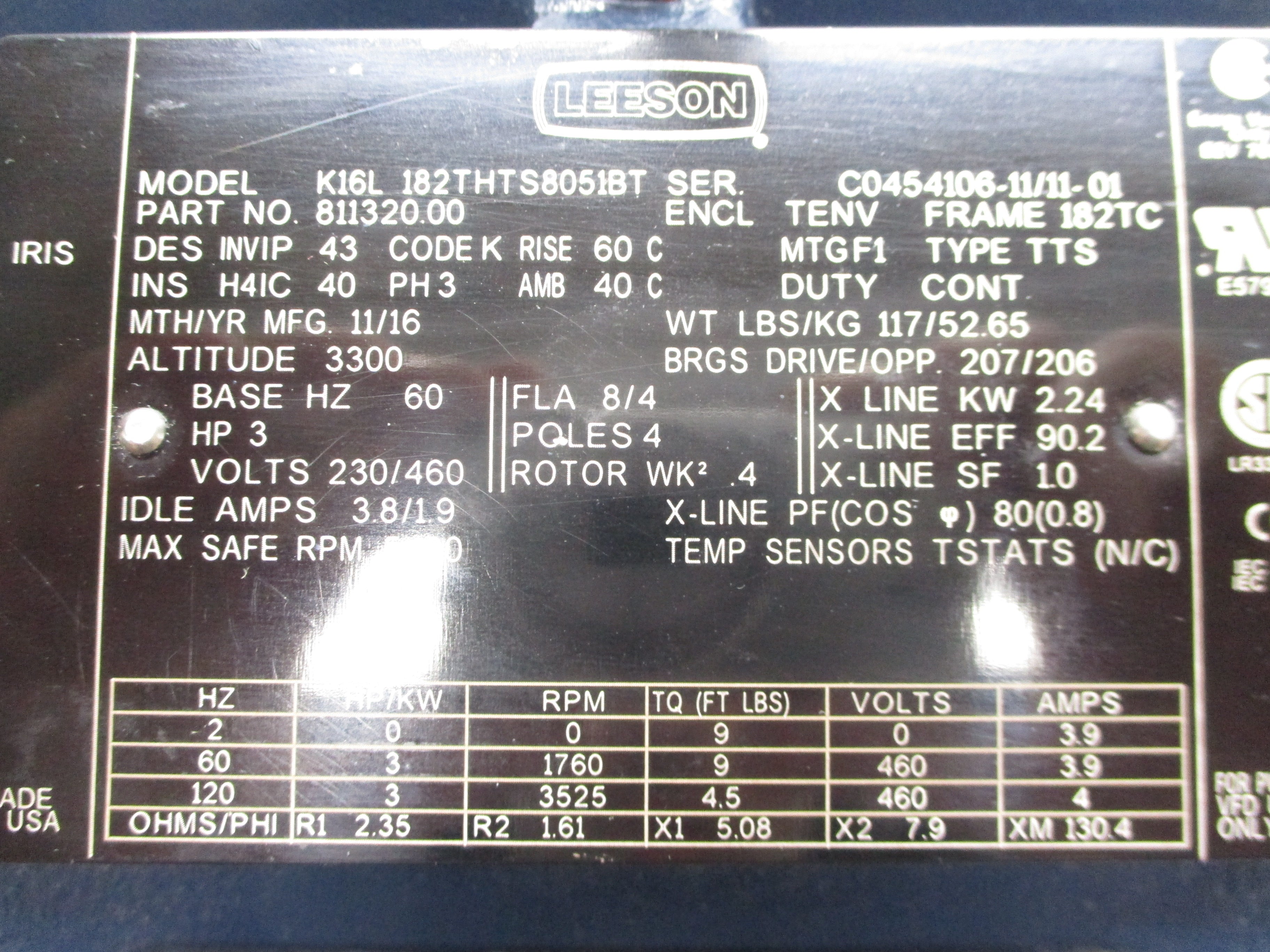 LEESON 811320.00 K16L182THTS8051BT 230/460V 3.8/1.9A NSNP