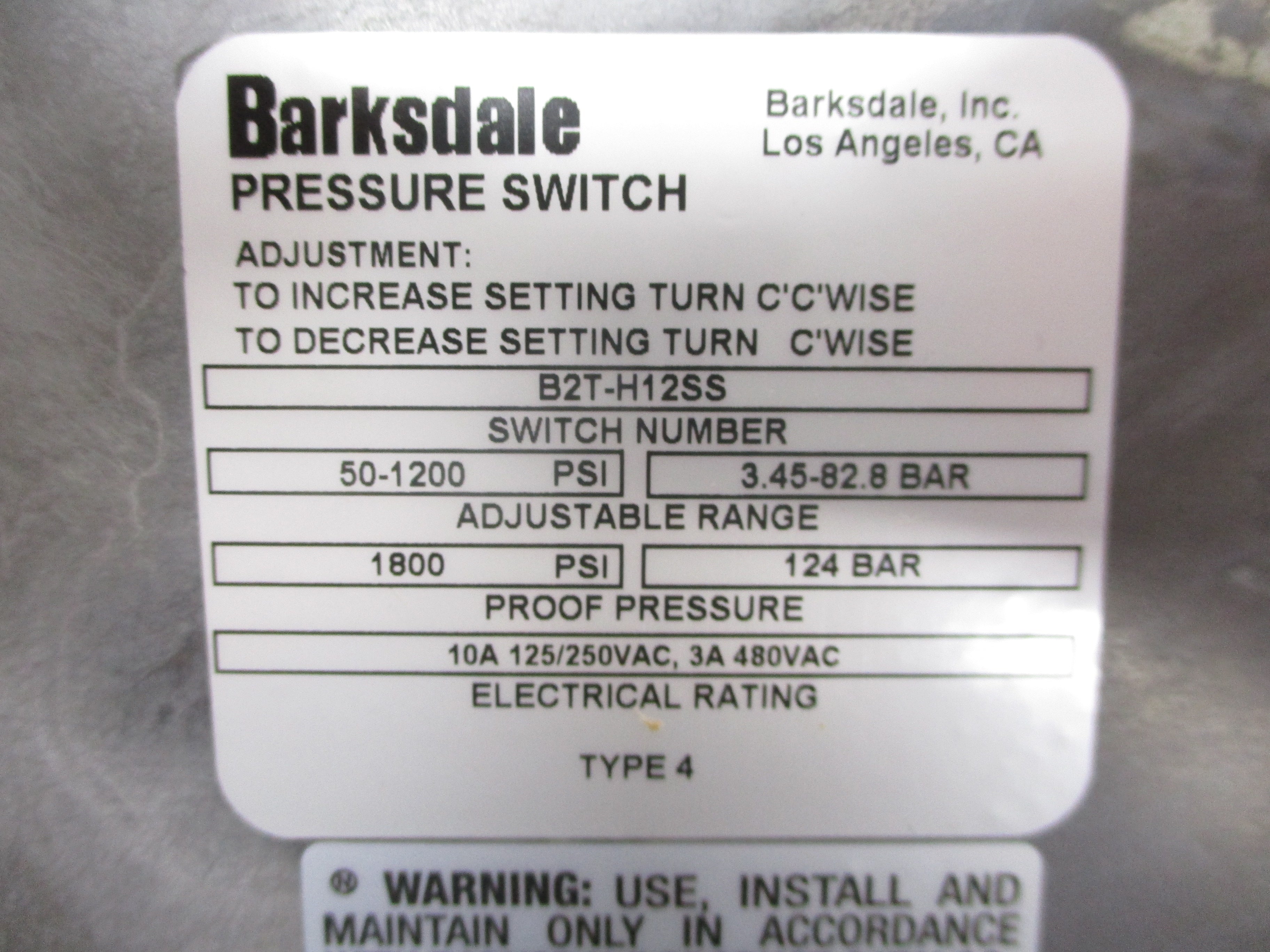 BARKSDALE B2T-H12SS 480VAC 10A 50-1200PSI NSMP