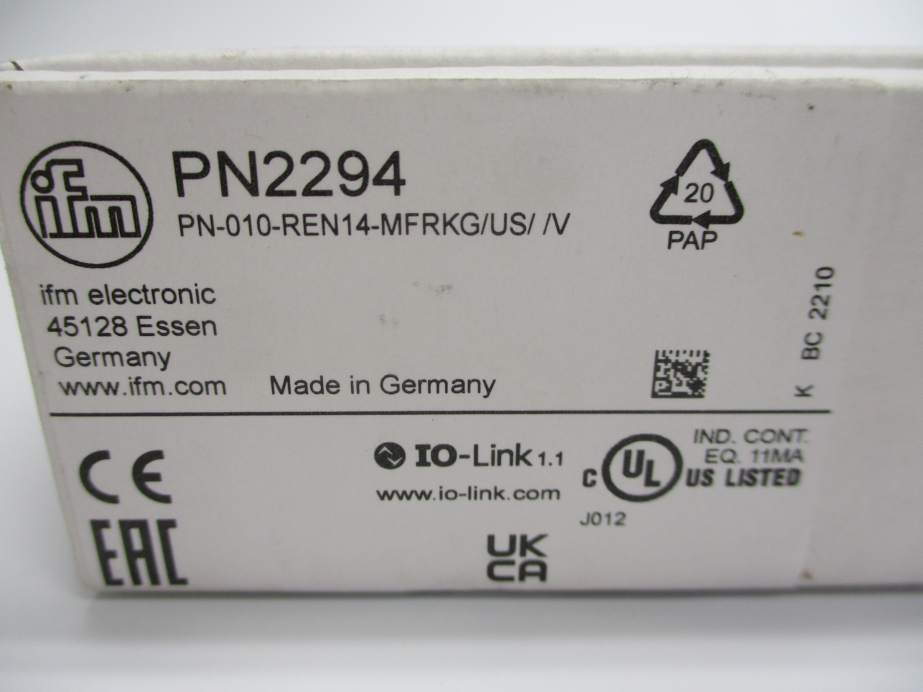 IFM EFECTOR PN-010-REN14-MFRKG/US//V PN2294 10V 1/4" NSMP