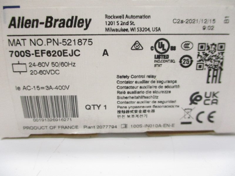 ALLEN BRADLEY 700S-EF620EJC SER. A 20-60VDC 3A (WH) NSMP