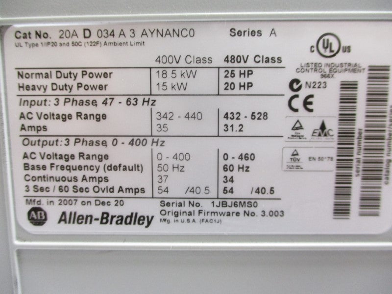 ALLEN BRADLEY 20AD034A3AYNANC0 SER. A F/W 3.003 432-528VAC 31.2A NSNP