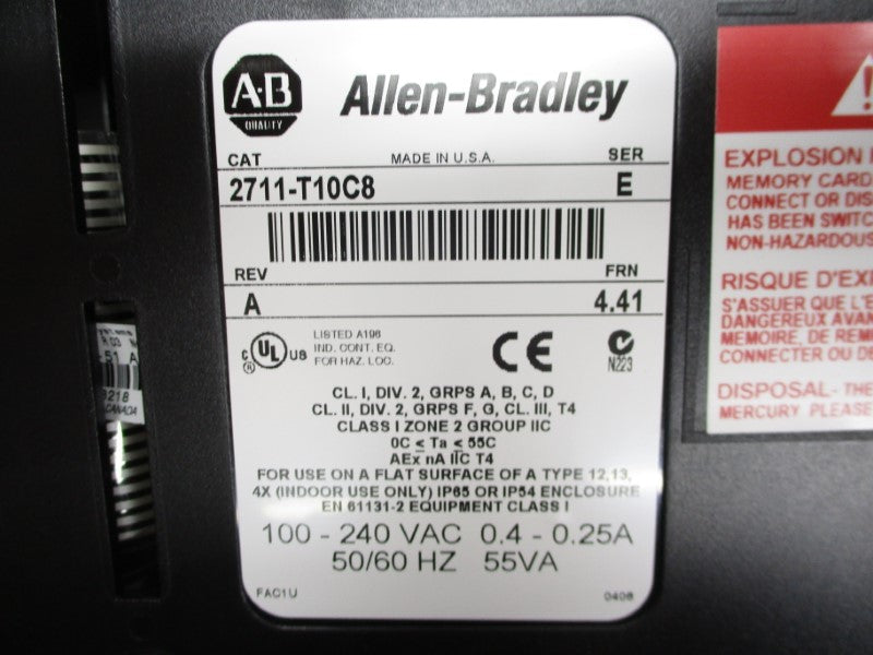 ALLEN BRADLEY 2711-T10C8 SER. E F/W 4.41 100-240VAC 0.4-0.25A (BR/WH) NSMP