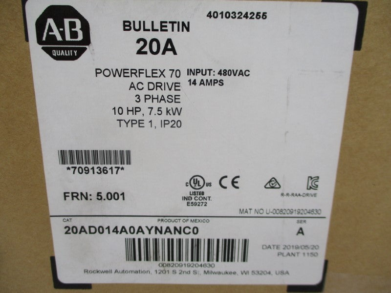 ALLEN BRADLEY 20AD014A0AYNANC0 SER. A F/W 5.001 480VAC 14A DATE: 2019 NSFS