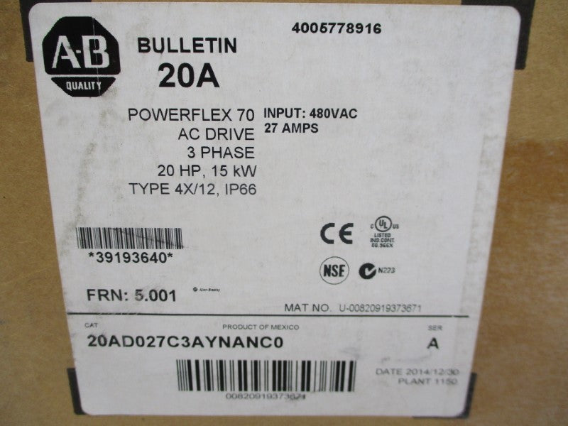 ALLEN BRADLEY 20AD027C3AYNANC0 SER. A F/W 5.001 480VAC 27A DATE: 2014 NSFS