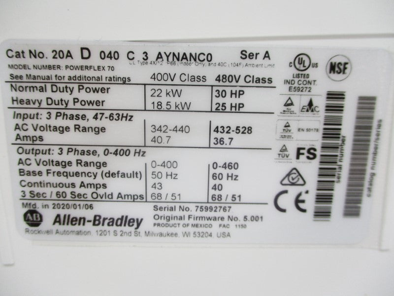INDUSTRIAL SPARE PART 20AD040C3AYNANC0 SER. A F/W 5.001 480VAC 40A NSMP