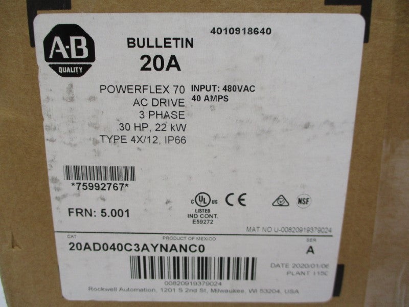 INDUSTRIAL SPARE PART 20AD040C3AYNANC0 SER. A F/W 5.001 480VAC 40A NSMP