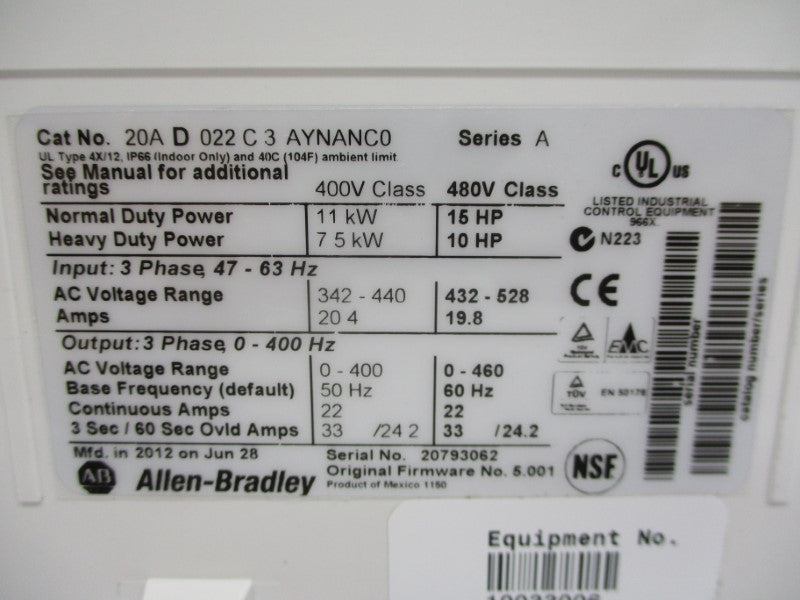 ALLEN BRADLEY 20AD022C3AYNANC0 SER. A F/W 5.001 480VAC 20.4A NSMP