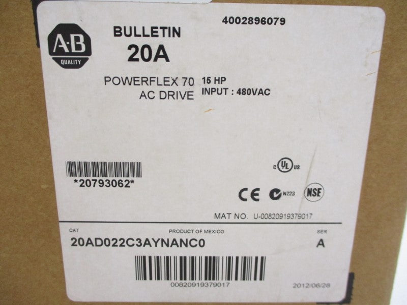 ALLEN BRADLEY 20AD022C3AYNANC0 SER. A F/W 5.001 480VAC 20.4A NSMP