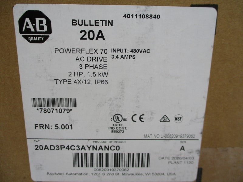 ALLEN BRADLEY 20AD3P4C3AYNANC0 SER. A F/W 5.001 480VAC 3.4A DATE: 2020 NSFS